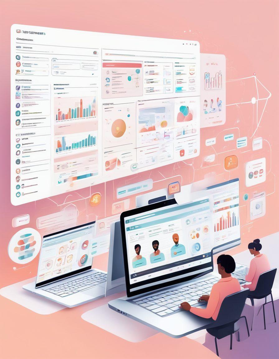 A diverse group of people collaborating on digital devices, including laptops and tablets, connected via a web of networking icons, representing community management tools. Background of a sleek, modern community portal interface with charts, messages, and event notifications visible. Soft, pastel colors. Vector art.